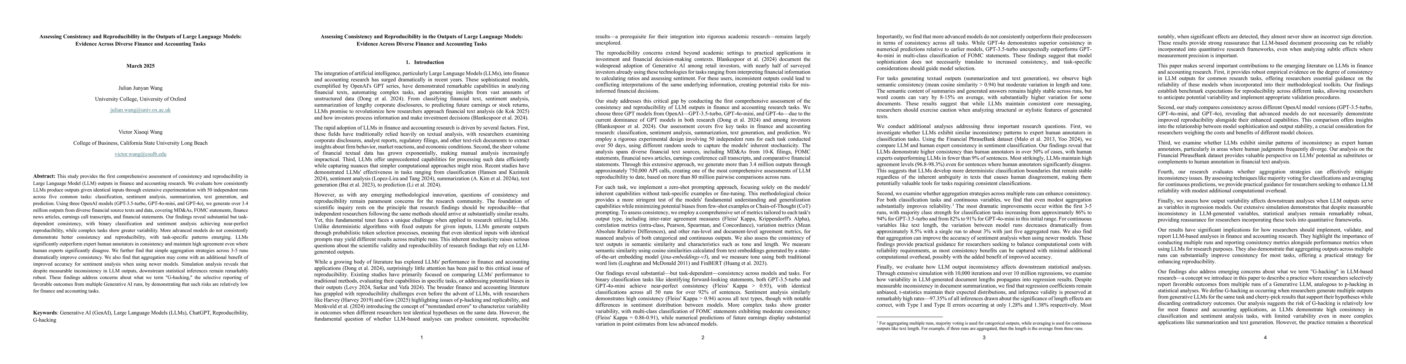Thumbnail for Assessing Consistency and Reproducibility in the Outputs of Large
  Language Models: Evidence Across Diverse Finance and Accounting Tasks