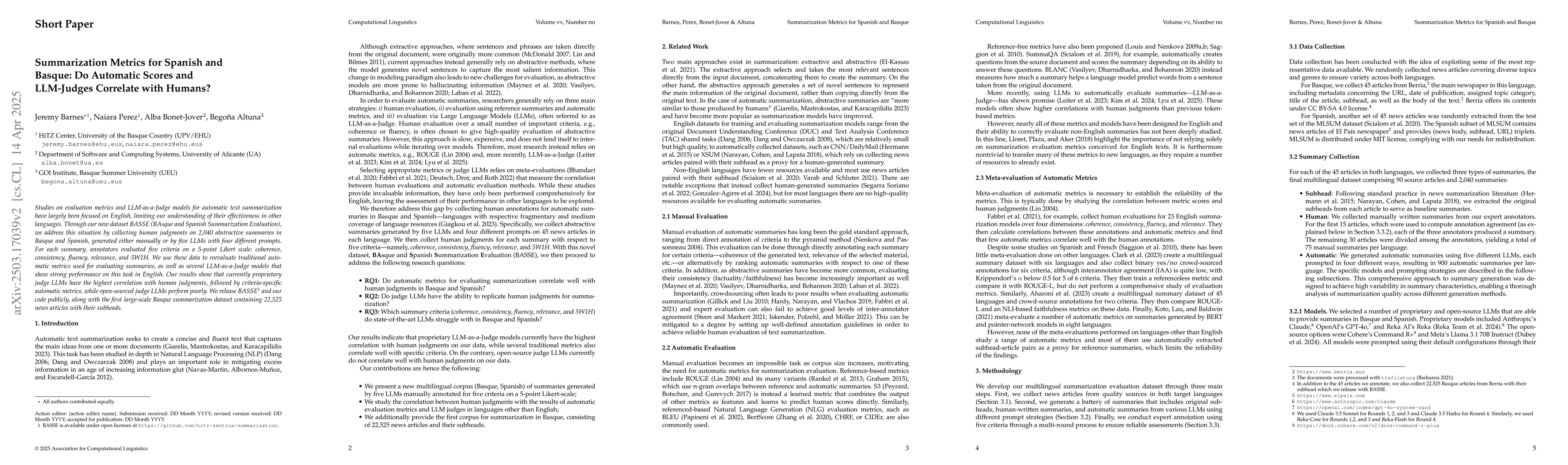 Thumbnail for Summarization Metrics for Spanish and Basque: Do Automatic Scores and
  LLM-Judges Correlate with Humans?