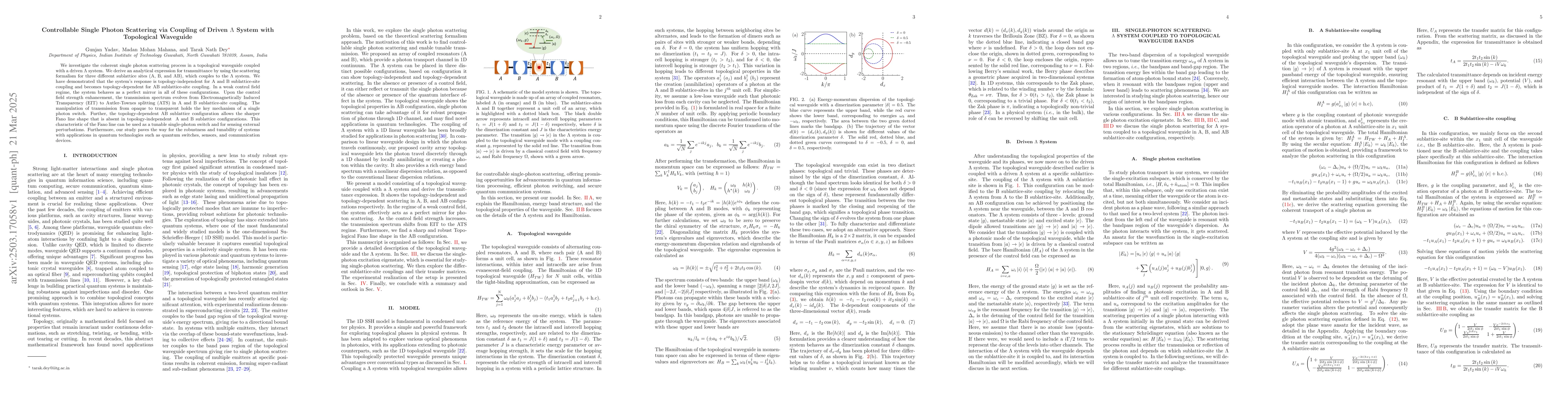 Thumbnail for Controllable Single Photon Scattering via Coupling of Driven $Λ$
  System with Topological Waveguide