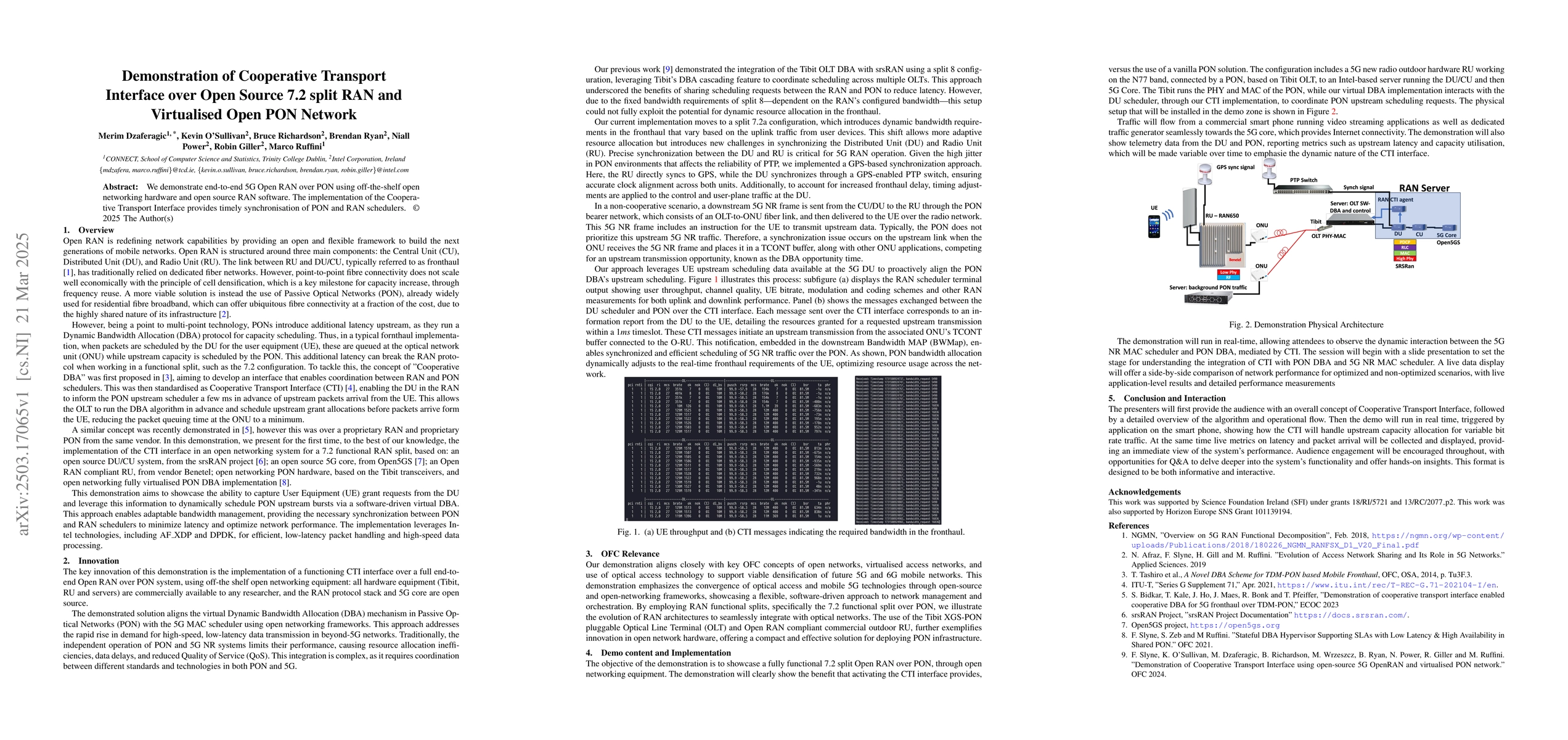 Thumbnail for Demonstration of Cooperative Transport Interface over Open Source 7.2
  split RAN and Virtualised Open PON Network