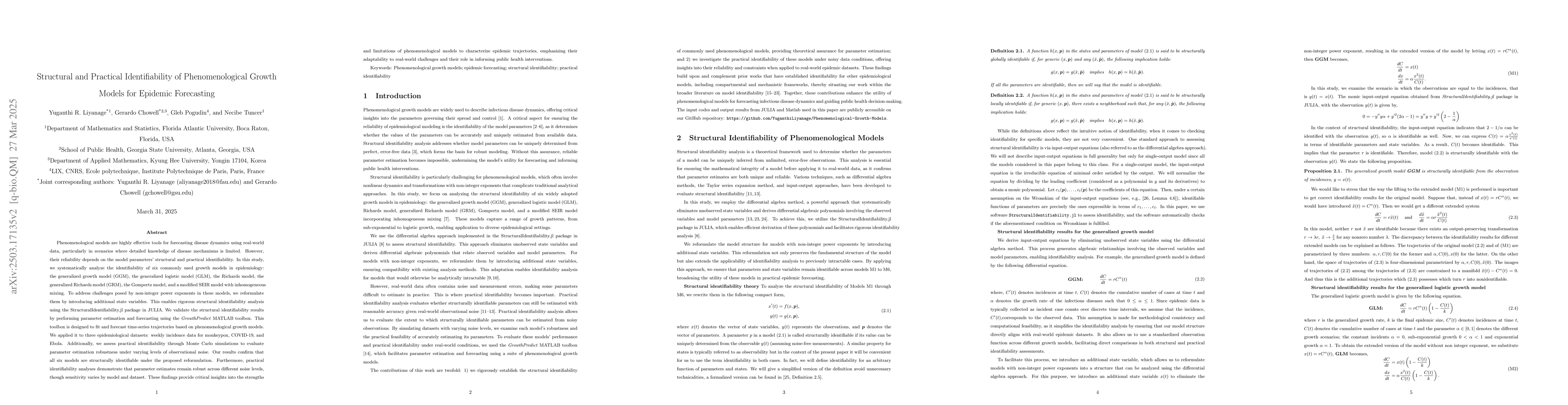 Thumbnail for Structural and Practical Identifiability of Phenomenological Growth
  Models for Epidemic Forecasting