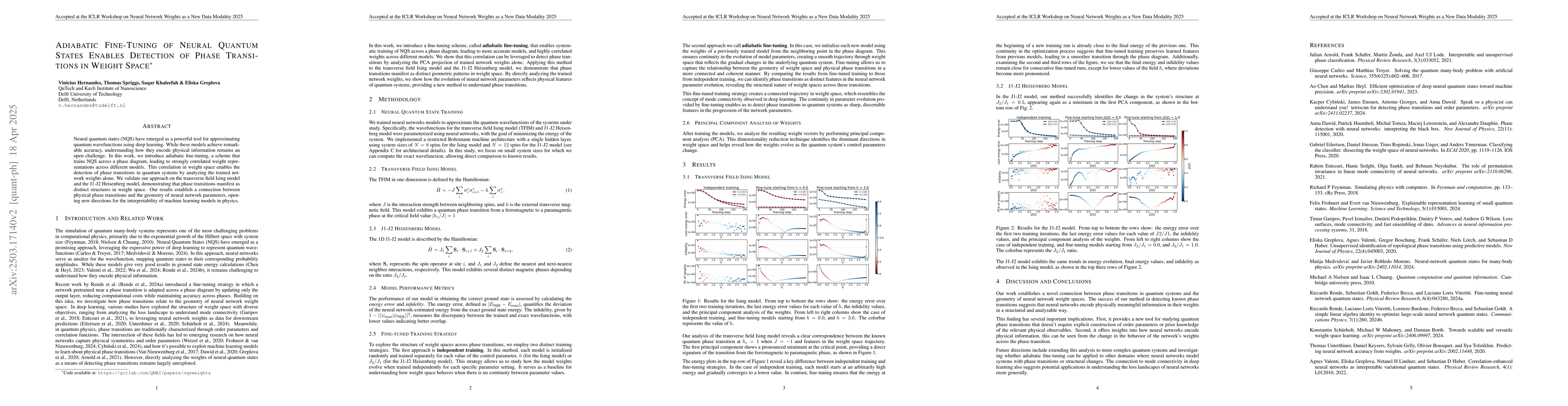 Thumbnail for Adiabatic Fine-Tuning of Neural Quantum States Enables Detection of
  Phase Transitions in Weight Space