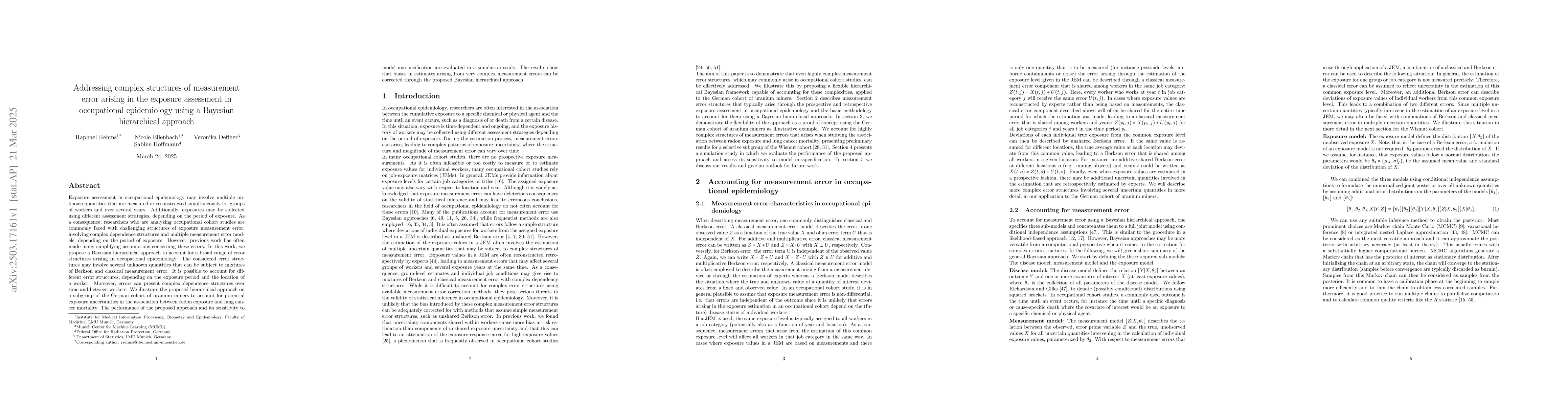 Thumbnail for Addressing complex structures of measurement error arising in the
  exposure assessment in occupational epidemiology using a Bayesian
  hierarchical approach