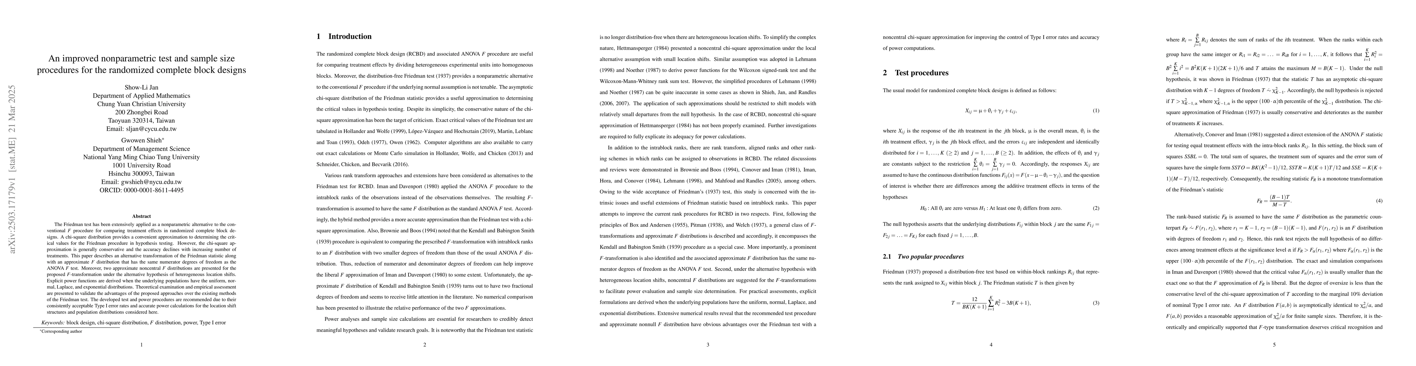 Thumbnail for An improved nonparametric test and sample size procedures for the
  randomized complete block designs