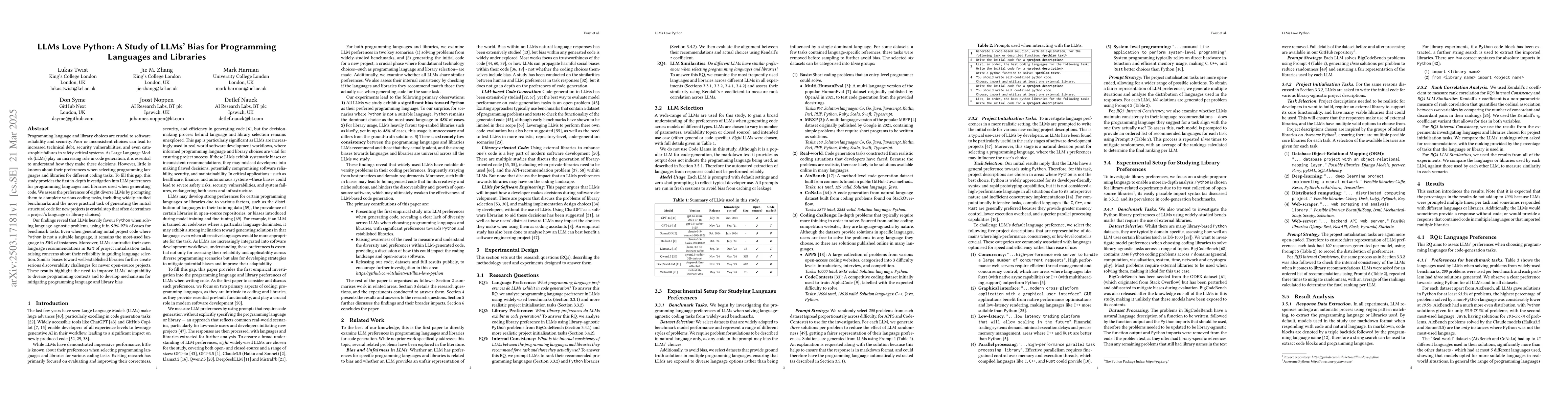 Thumbnail for LLMs Love Python: A Study of LLMs' Bias for Programming Languages and
  Libraries