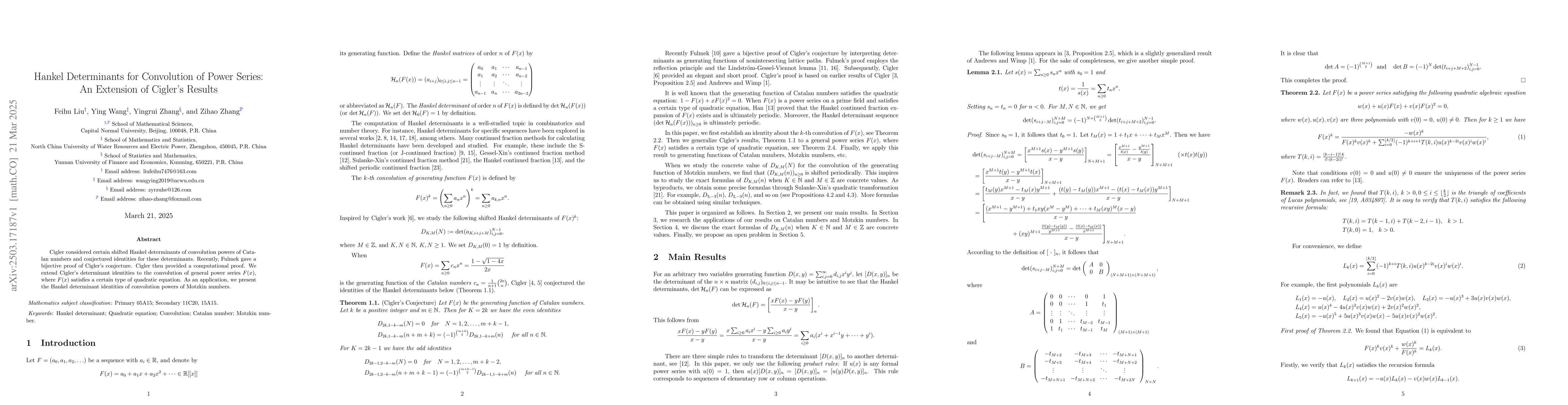 Thumbnail for Hankel Determinants for Convolution of Power Series: An Extension of
  Cigler's Results