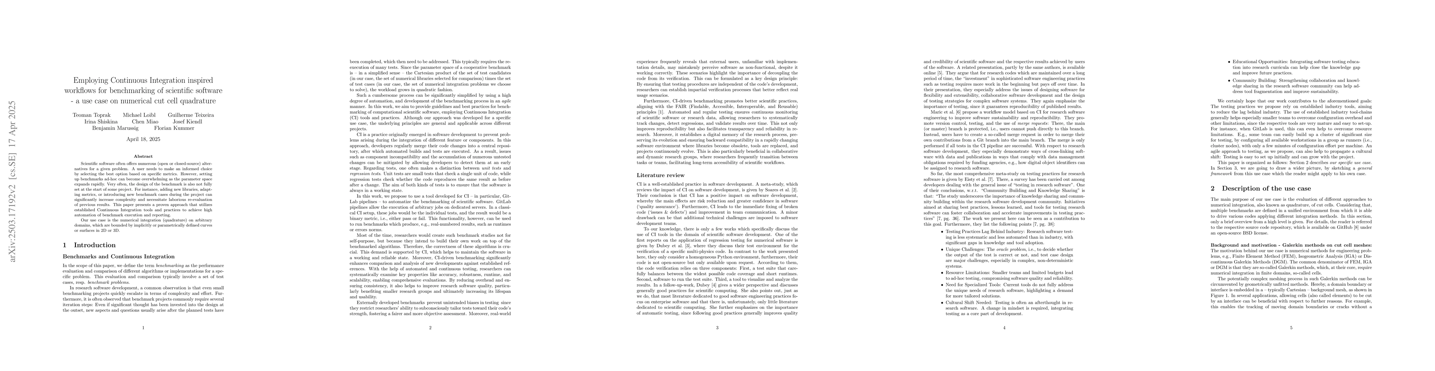 Thumbnail for Employing Continuous Integration inspired workflows for benchmarking of
  scientific software -- a use case on numerical cut cell quadrature
