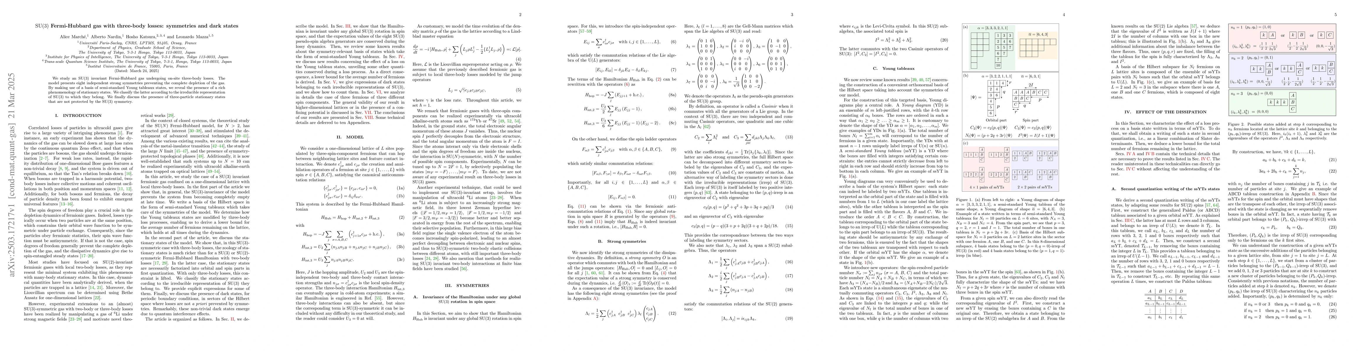 Thumbnail for $\mathrm{SU}(3)$ Fermi-Hubbard gas with three-body losses: symmetries
  and dark states