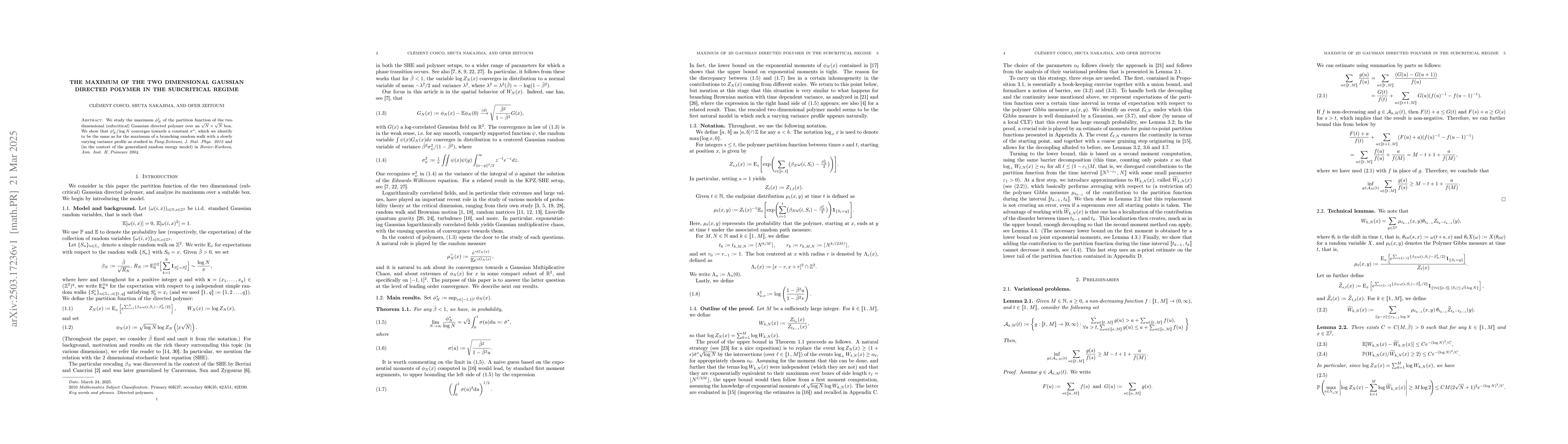 Thumbnail for The maximum of the two dimensional Gaussian directed polymer in the
  subcritical regime