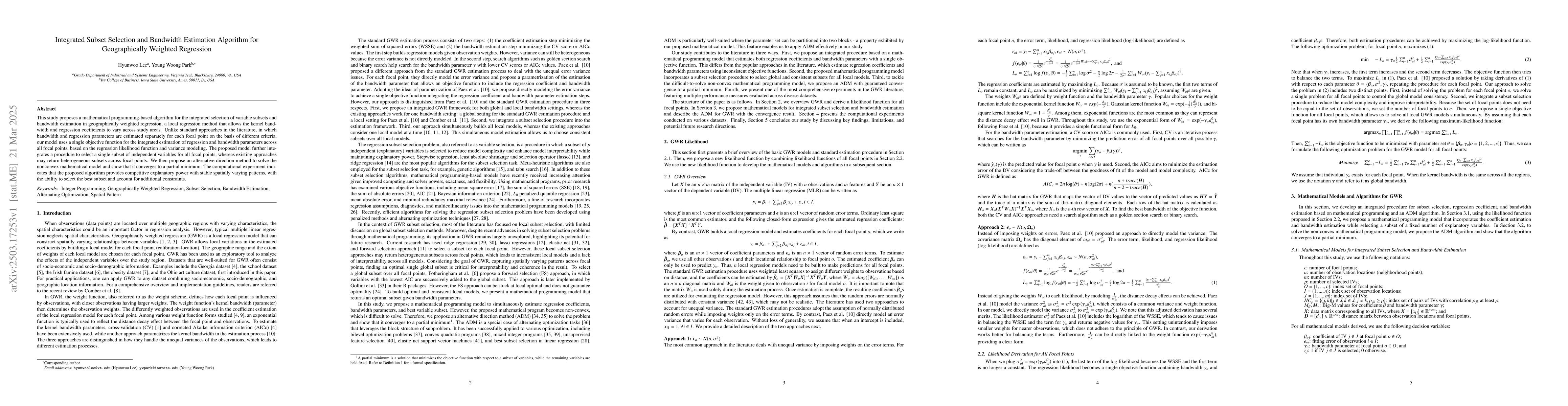 Thumbnail for Integrated Subset Selection and Bandwidth Estimation Algorithm for
  Geographically Weighted Regression