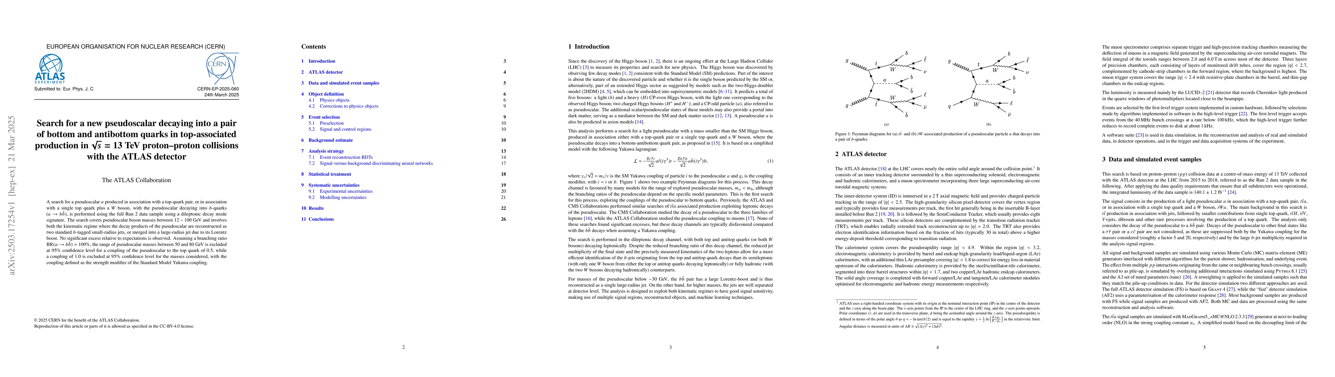 Thumbnail for Search for a new pseudoscalar decaying into a pair of bottom and
  antibottom quarks in top-associated production in $\sqrt{s}$=13 TeV
  proton-proton collisions with the ATLAS detector