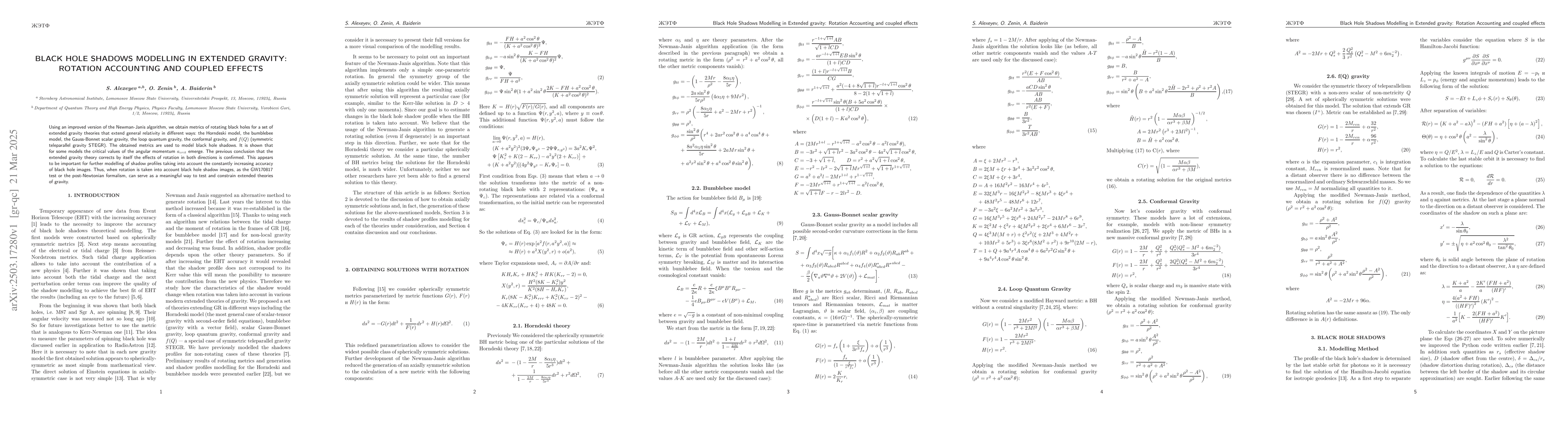 Thumbnail for Black Hole Shadows Modelling in Extended gravity: Rotation Accounting
  and coupled effects