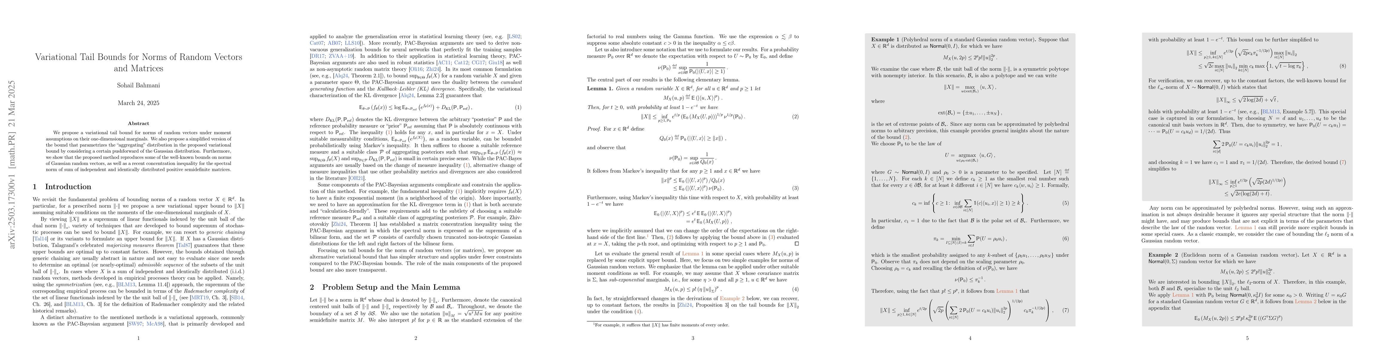 Thumbnail for Variational Tail Bounds for Norms of Random Vectors and Matrices
