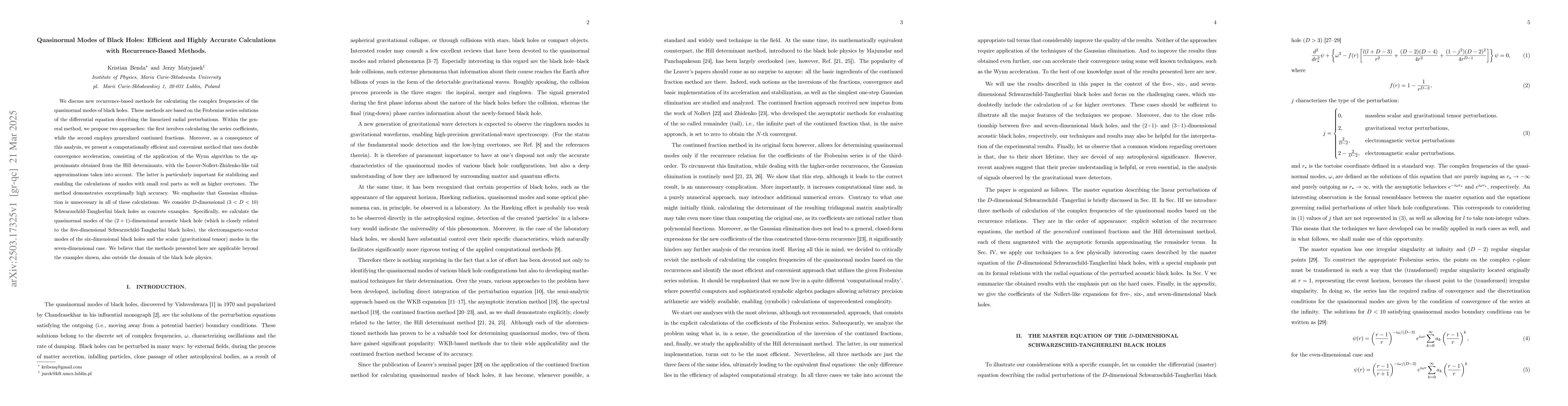 Thumbnail for Quasinormal Modes of Black Holes: Efficient and Highly Accurate
  Calculations with Recurrence-Based Methods