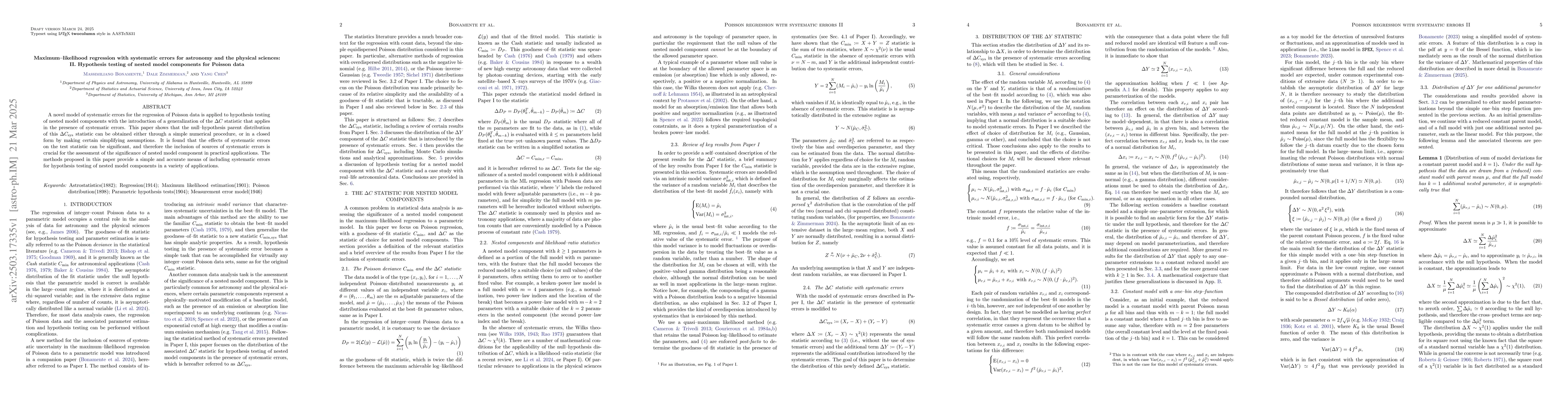 Thumbnail for Maximum-likelihood regression with systematic errors for astronomy and
  the physical sciences: II. Hypothesis testing of nested model components for
  Poisson data