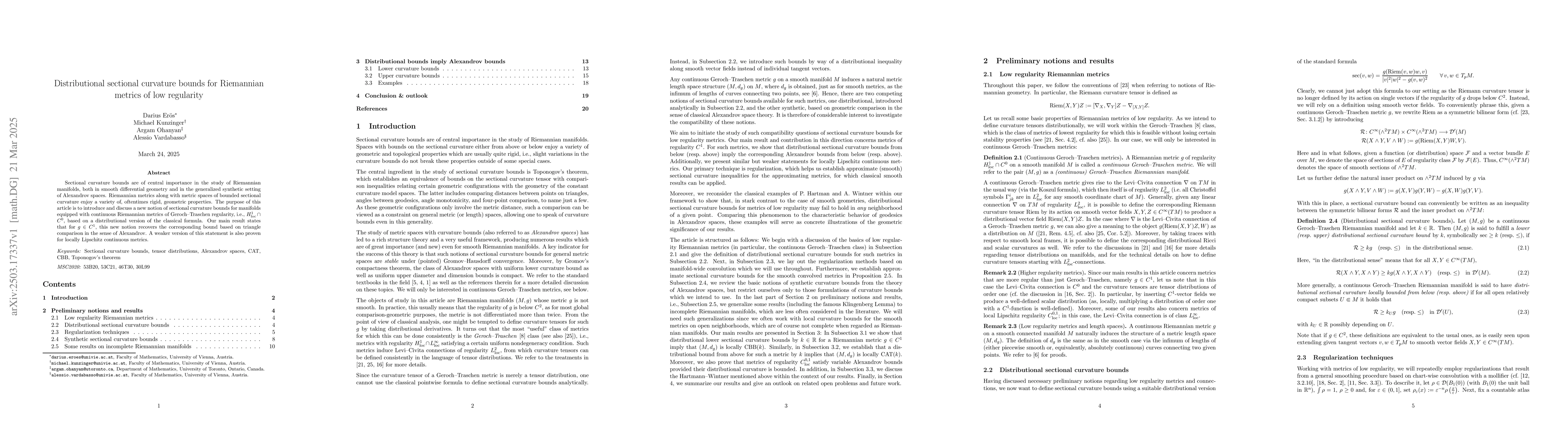 Thumbnail for Distributional sectional curvature bounds for Riemannian metrics of low
  regularity