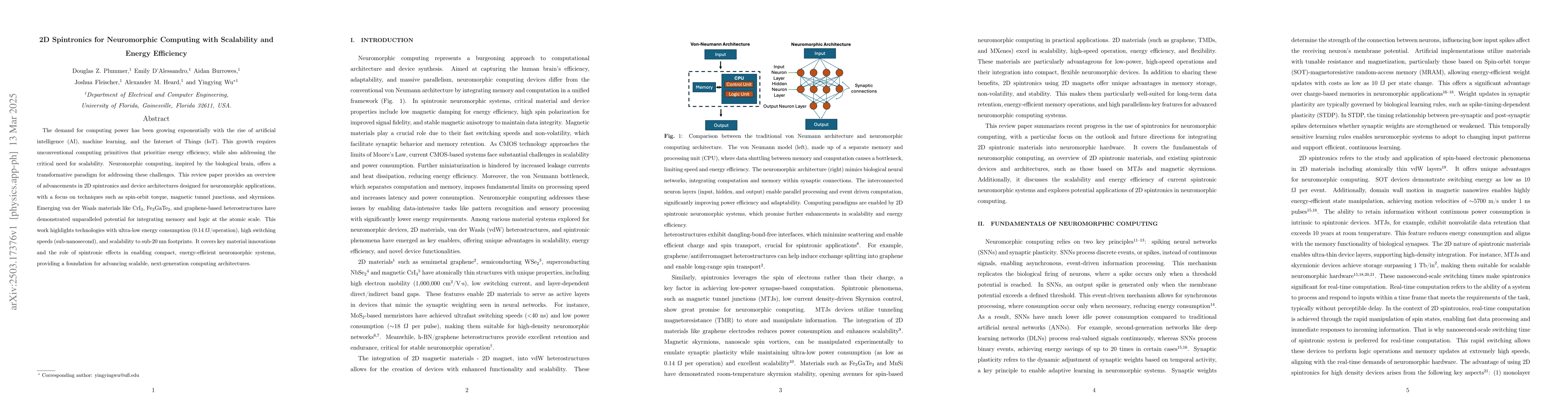 Thumbnail for 2D Spintronics for Neuromorphic Computing with Scalability and Energy
  Efficiency