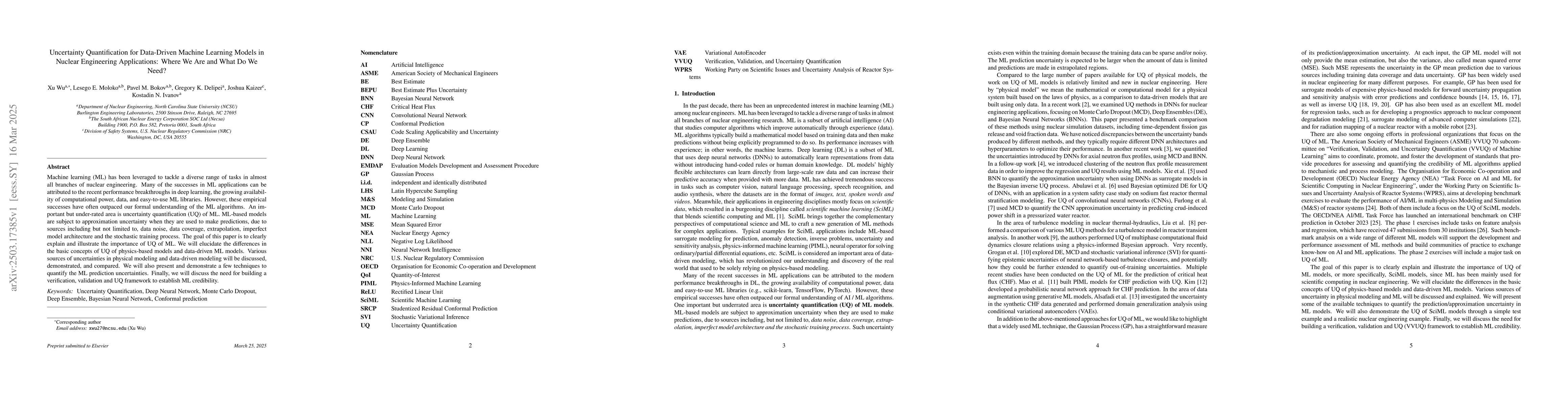 Thumbnail for Uncertainty Quantification for Data-Driven Machine Learning Models in
  Nuclear Engineering Applications: Where We Are and What Do We Need?