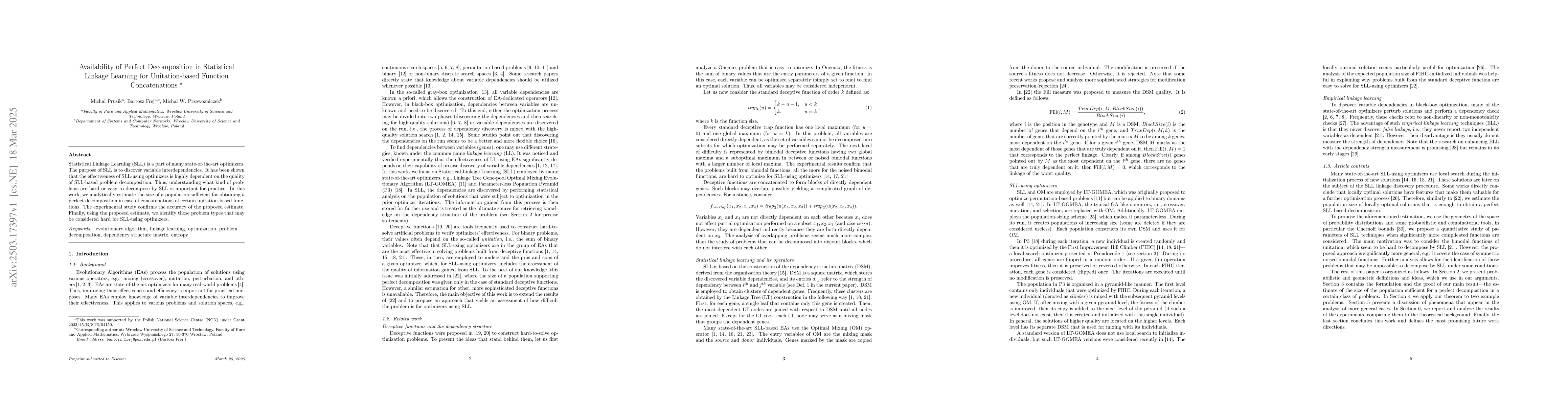 Thumbnail for Availability of Perfect Decomposition in Statistical Linkage Learning
  for Unitation-based Function Concatenations