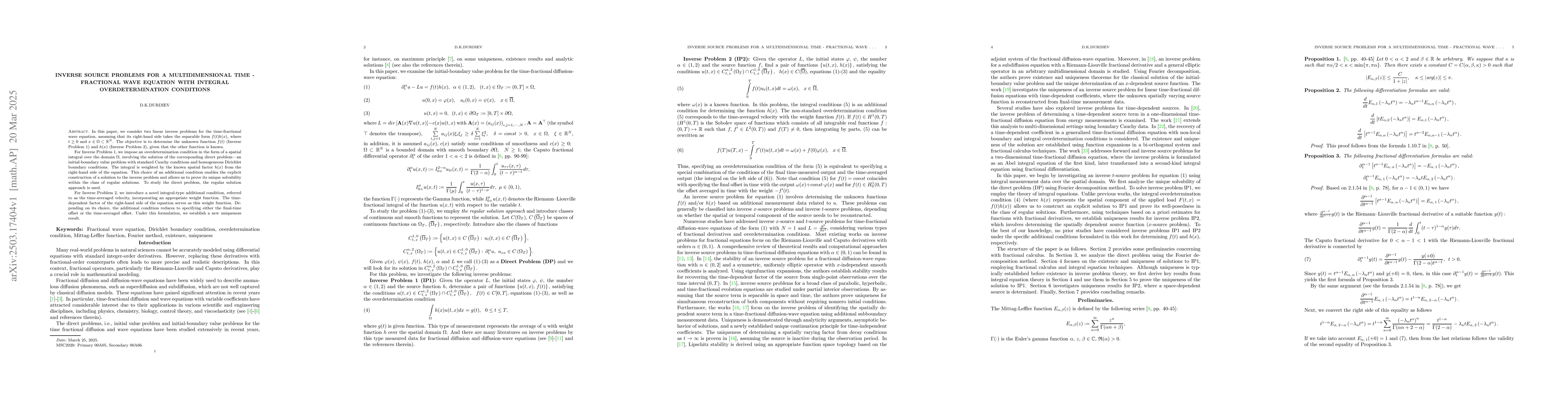 Thumbnail for Inverse source problems for a multidimensional time-fractional wave
  equation with integral overdetermination conditions