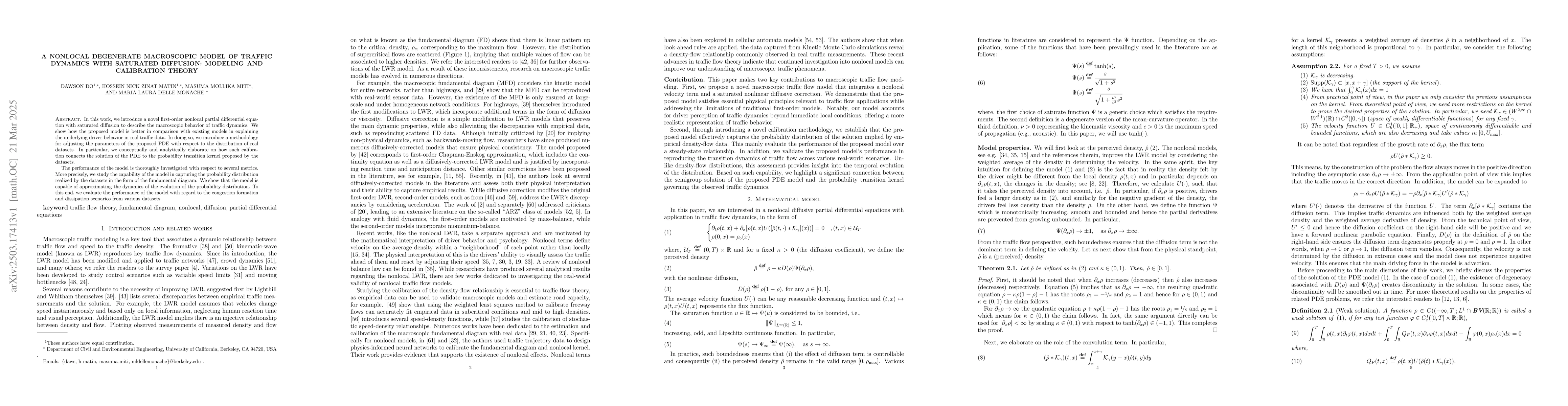 Thumbnail for A nonlocal degenerate macroscopic model of traffic dynamics with
  saturated diffusion: modeling and calibration theory
