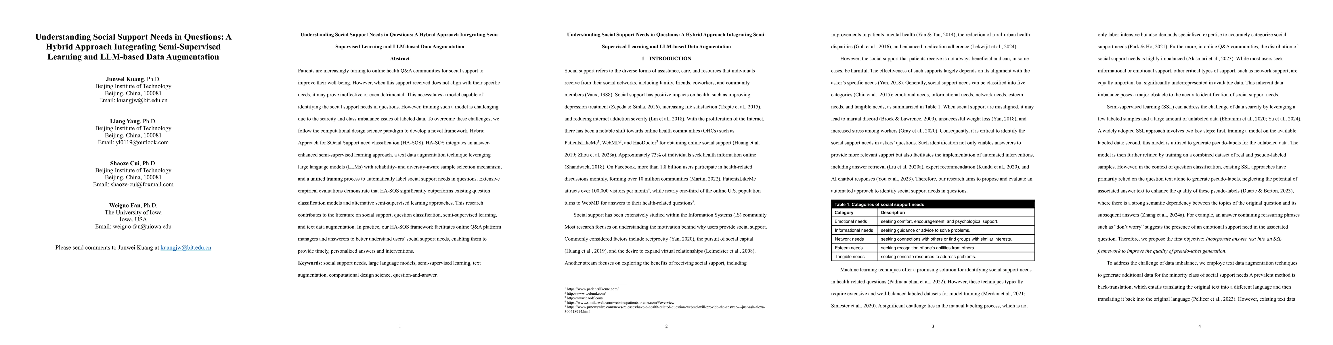 Thumbnail for Understanding Social Support Needs in Questions: A Hybrid Approach
  Integrating Semi-Supervised Learning and LLM-based Data Augmentation