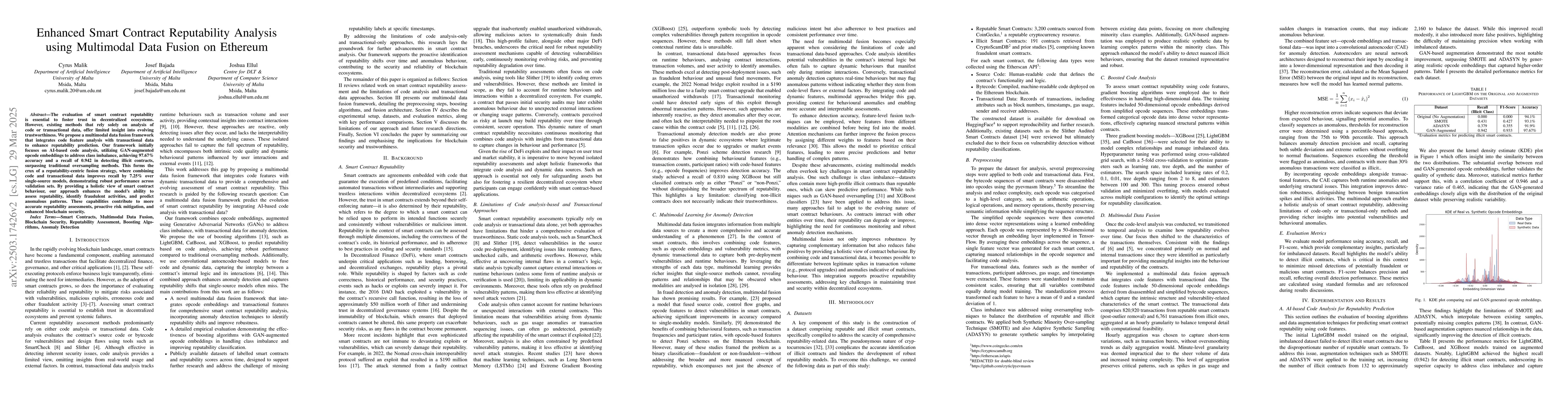 Thumbnail for Enhanced Smart Contract Reputability Analysis using Multimodal Data
  Fusion on Ethereum