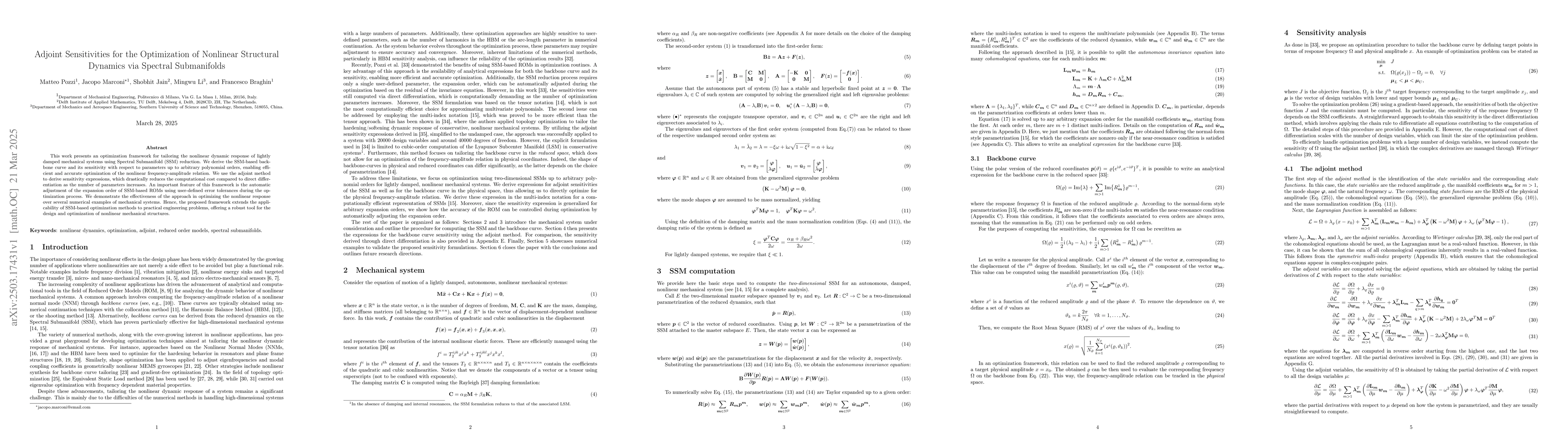 Thumbnail for Adjoint Sensitivities for the Optimization of Nonlinear Structural
  Dynamics via Spectral Submanifolds