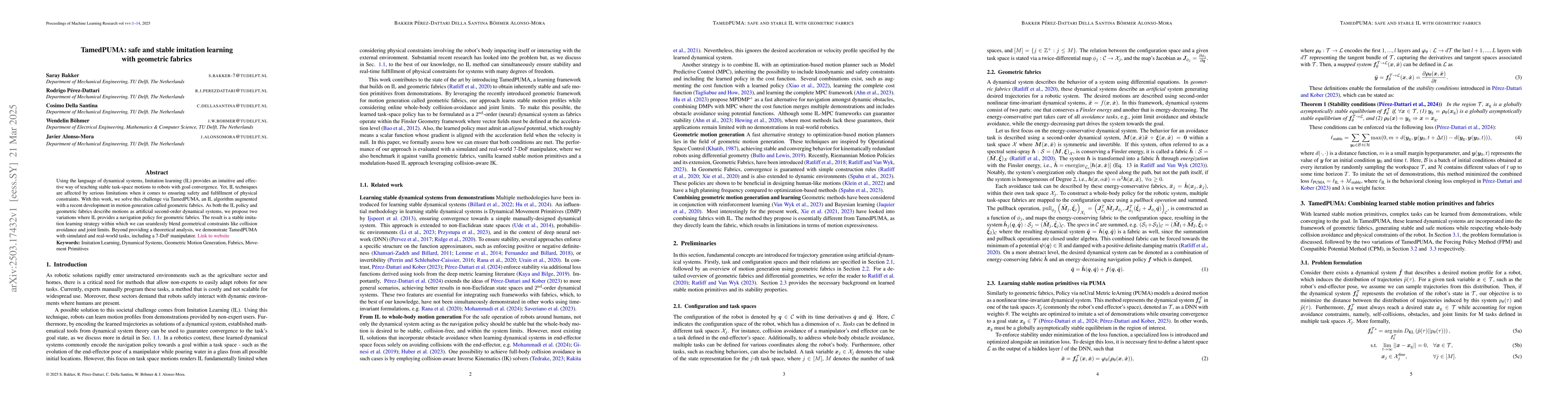 Thumbnail for TamedPUMA: safe and stable imitation learning with geometric fabrics