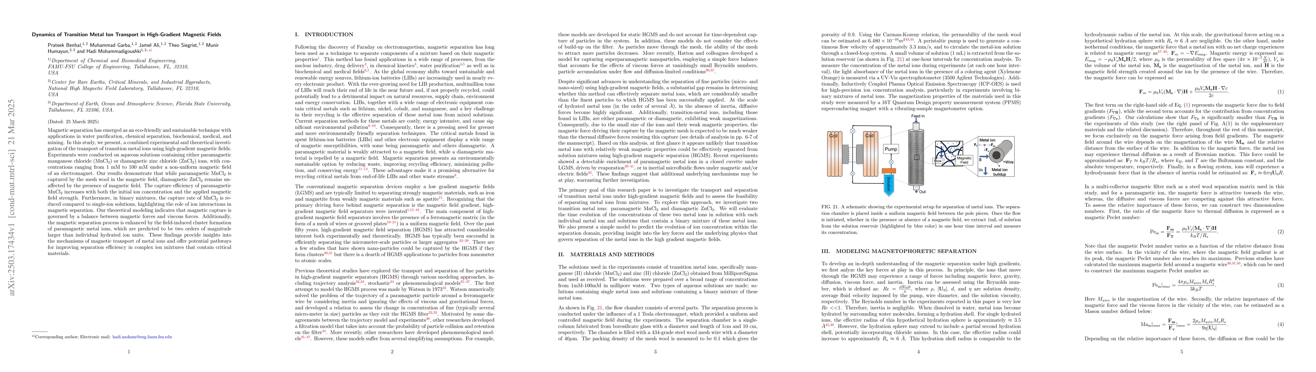 Thumbnail for Dynamics of Transition Metal Ion Transport in High-Gradient Magnetic
  Fields