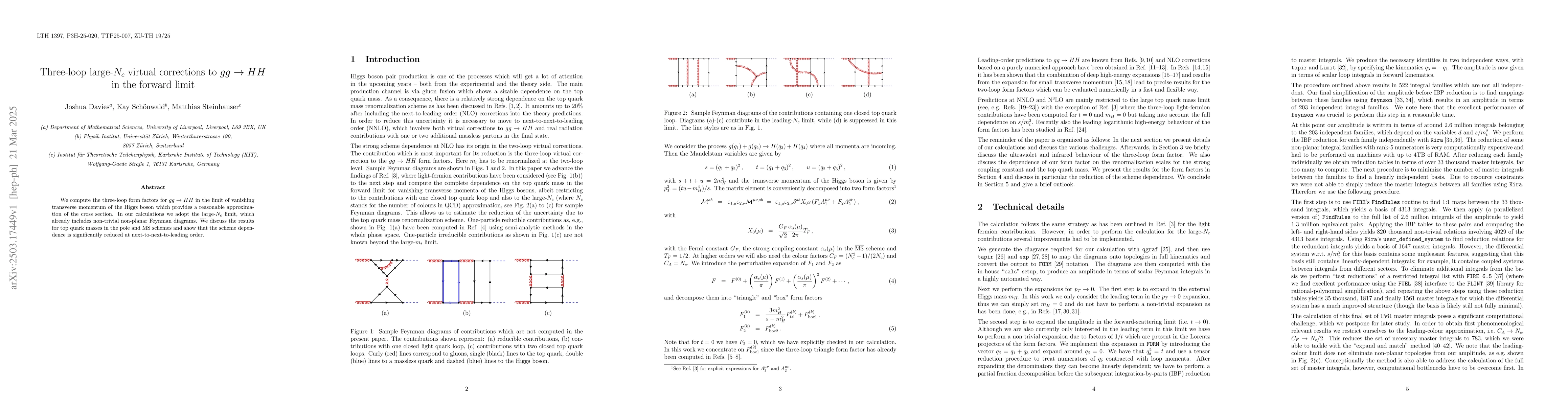 Thumbnail for Three-loop large-$N_c$ virtual corrections to $gg\to HH$ in the forward
  limit