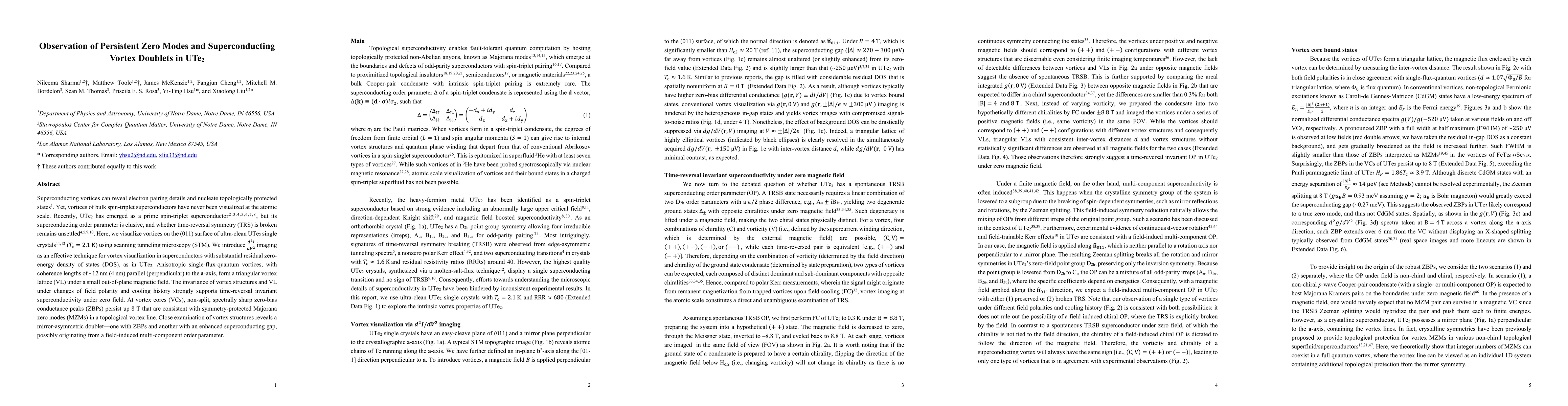 Thumbnail for Observation of Persistent Zero Modes and Superconducting Vortex Doublets
  in UTe$_2$
