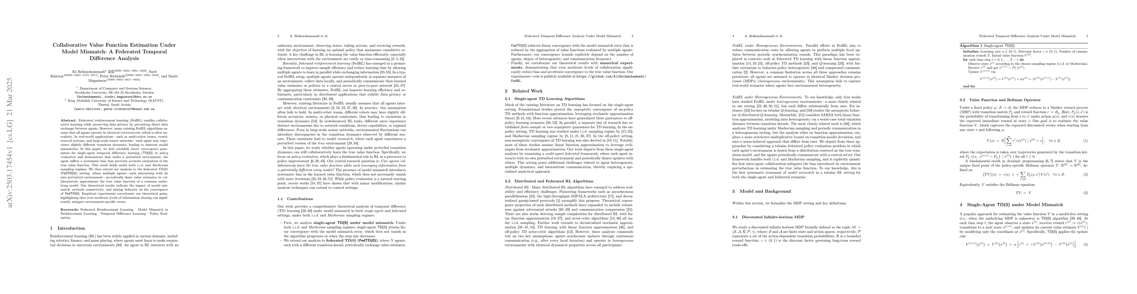Thumbnail for Collaborative Value Function Estimation Under Model Mismatch: A
  Federated Temporal Difference Analysis
