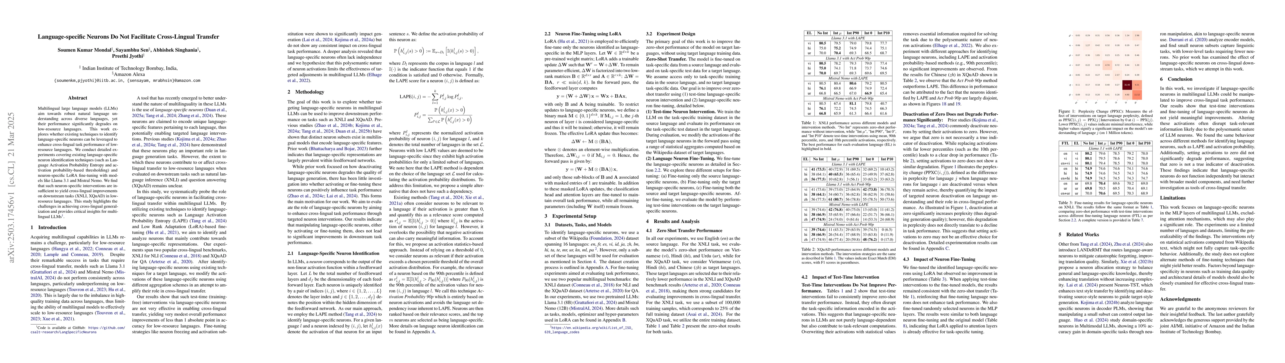 Thumbnail for Language-specific Neurons Do Not Facilitate Cross-Lingual Transfer