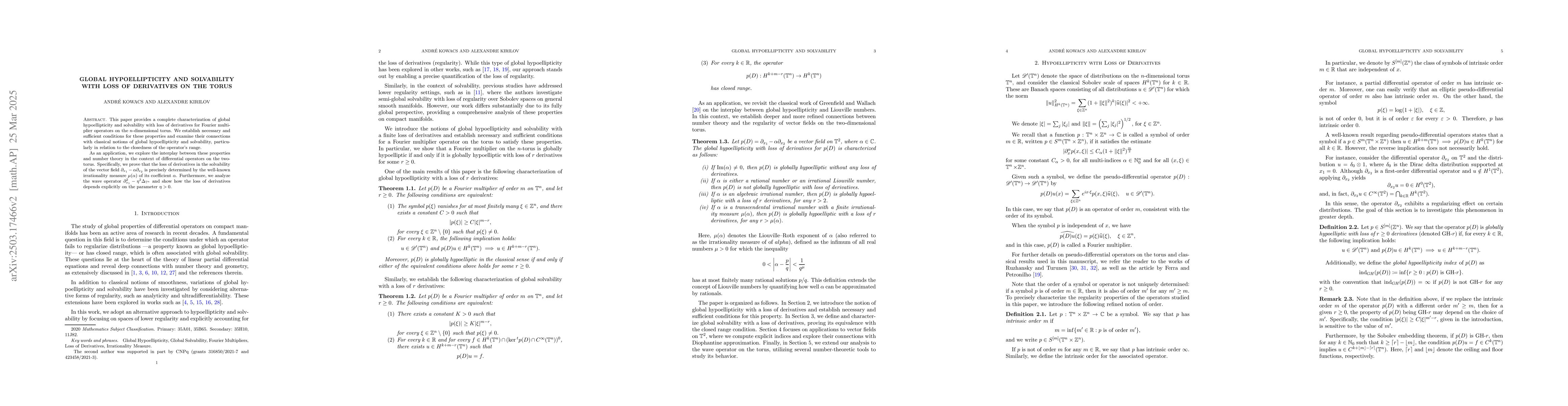 Thumbnail for Global Hypoellipticity and Solvability with Loss of Derivatives on the
  Torus