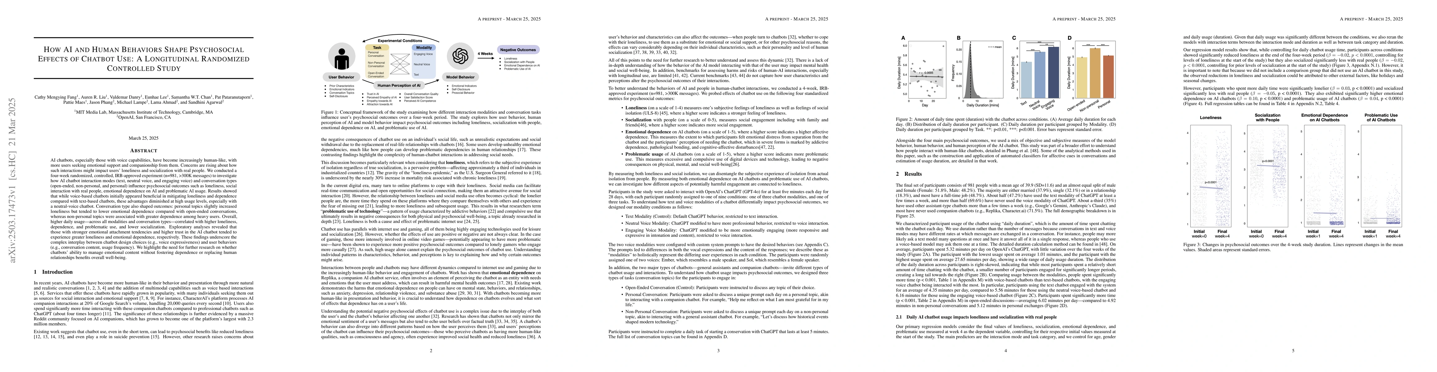 Thumbnail for How AI and Human Behaviors Shape Psychosocial Effects of Chatbot Use: A
  Longitudinal Randomized Controlled Study