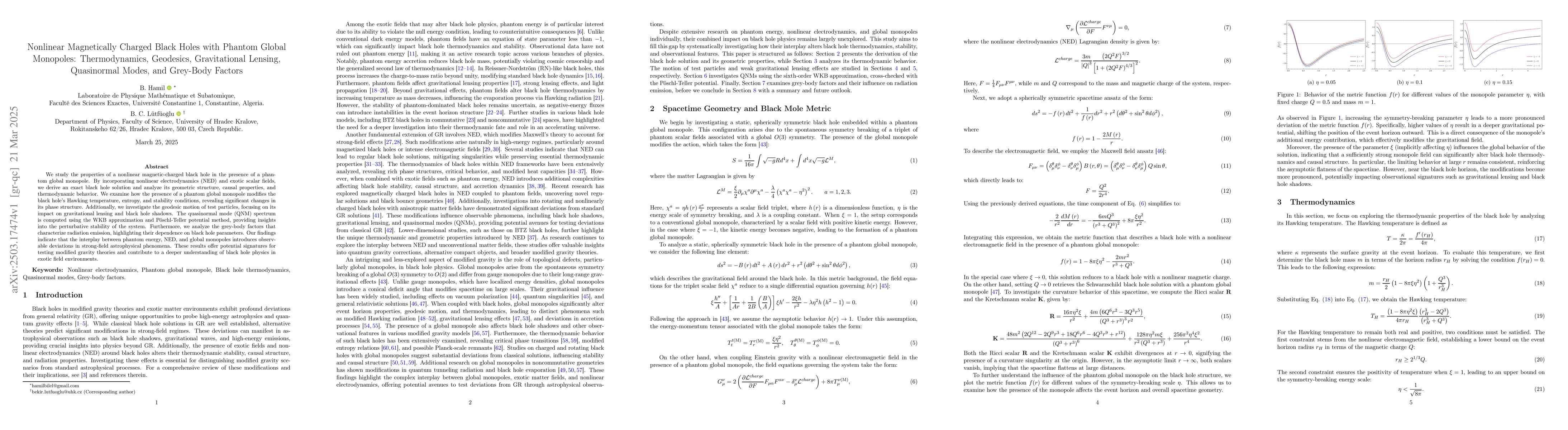 Thumbnail for Nonlinear Magnetically Charged Black Holes with Phantom Global
  Monopoles: Thermodynamics, Geodesics, Gravitational Lensing, Quasinormal
  Modes, and Grey-Body Factors