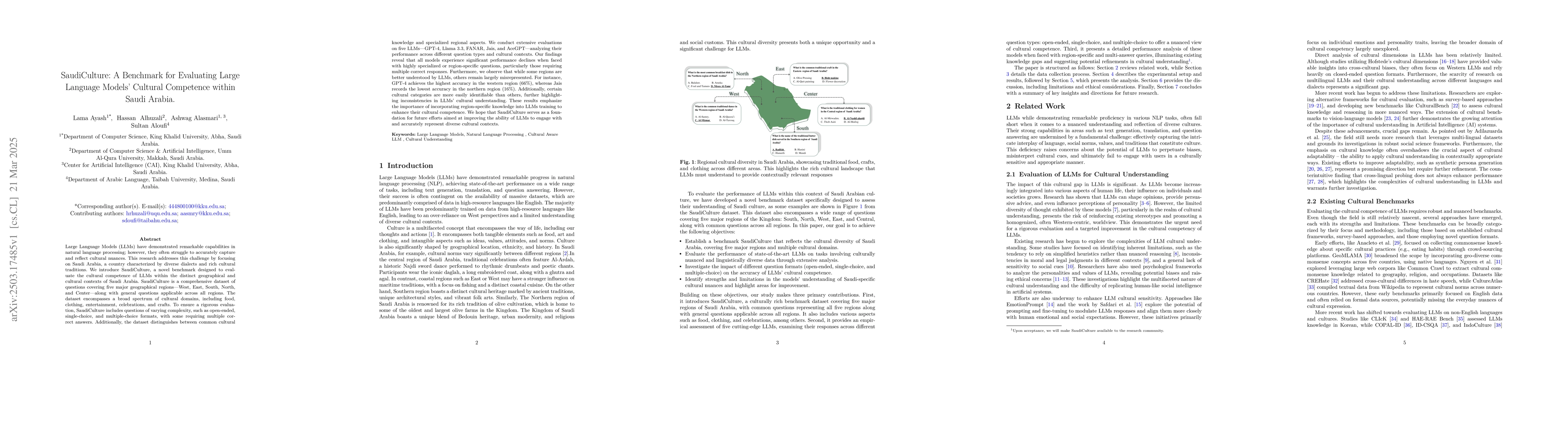 Thumbnail for SaudiCulture: A Benchmark for Evaluating Large Language Models Cultural
  Competence within Saudi Arabia