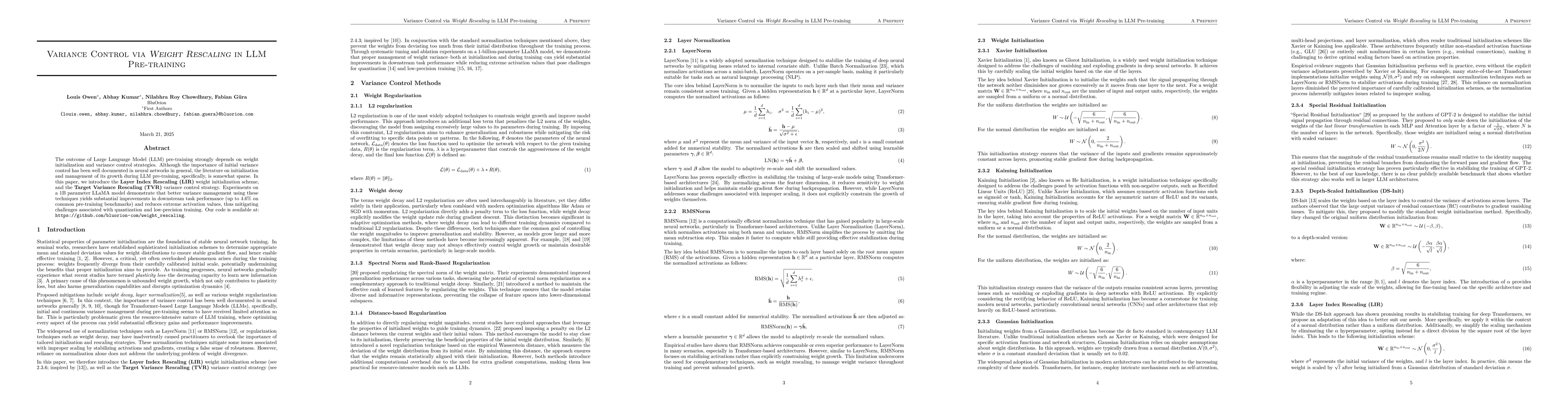 Thumbnail for Variance Control via Weight Rescaling in LLM Pre-training
