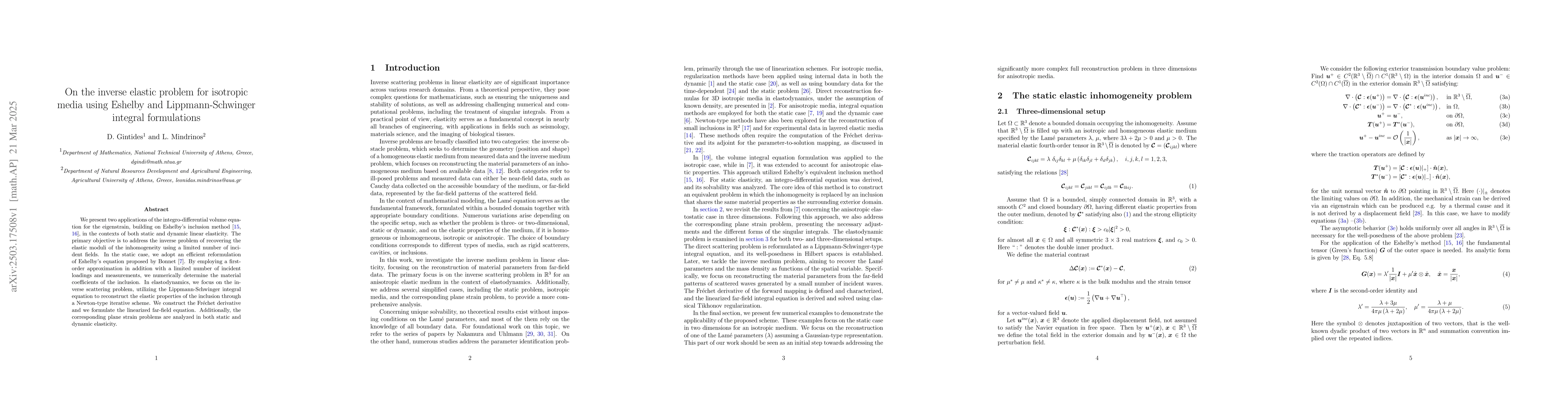 Thumbnail for On the inverse elastic problem for isotropic media using Eshelby and
  Lippmann-Schwinger integral formulations
