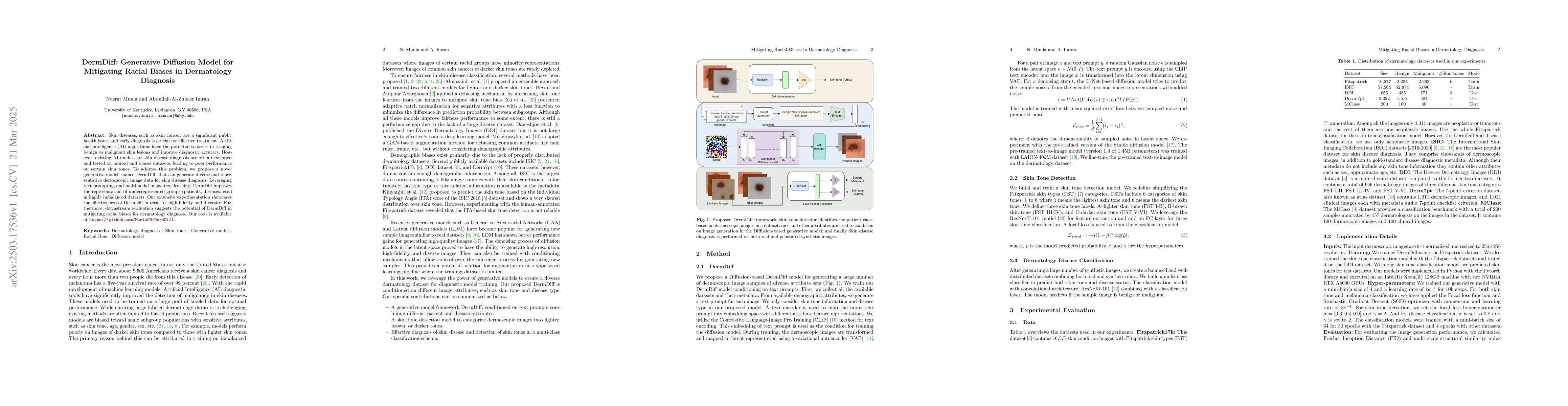 Thumbnail for DermDiff: Generative Diffusion Model for Mitigating Racial Biases in
  Dermatology Diagnosis