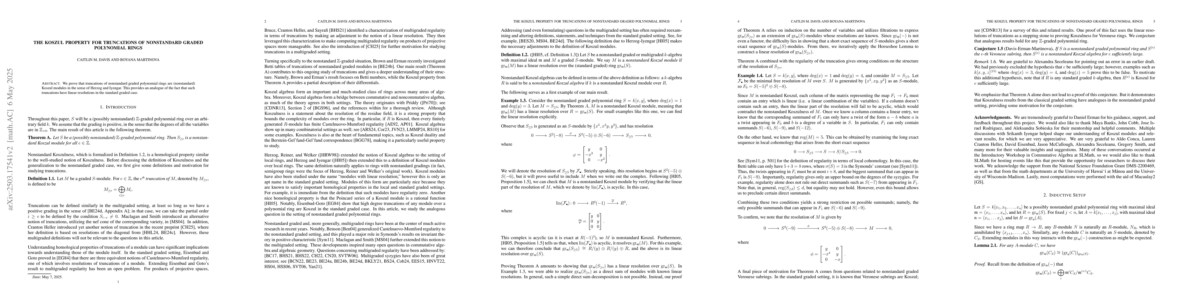 Thumbnail for The Koszul Property for Truncations of Nonstandard Graded Polynomial
  Rings