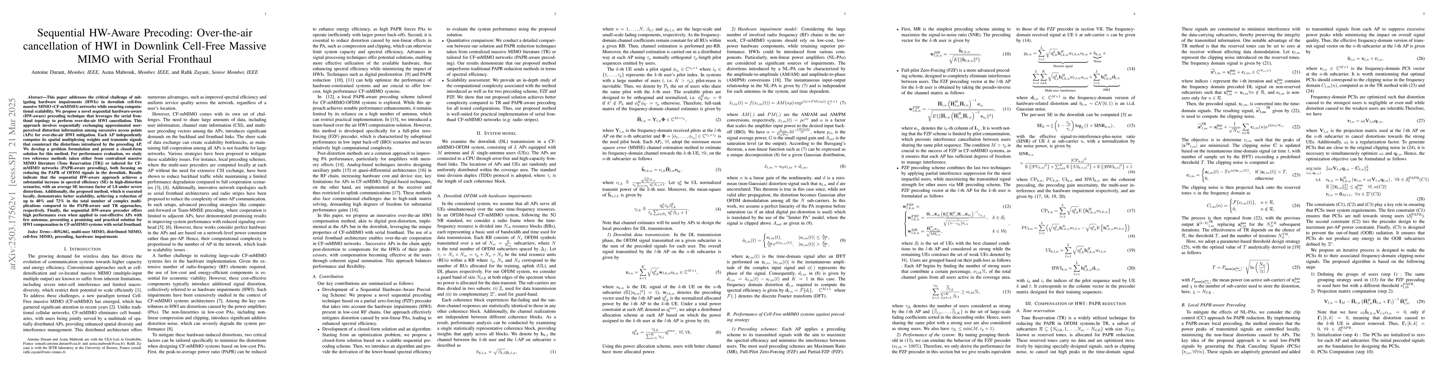 Thumbnail for Sequential HW-Aware Precoding: Over-the-air cancellation of HWI in
  Downlink Cell-Free Massive MIMO with Serial Fronthaul