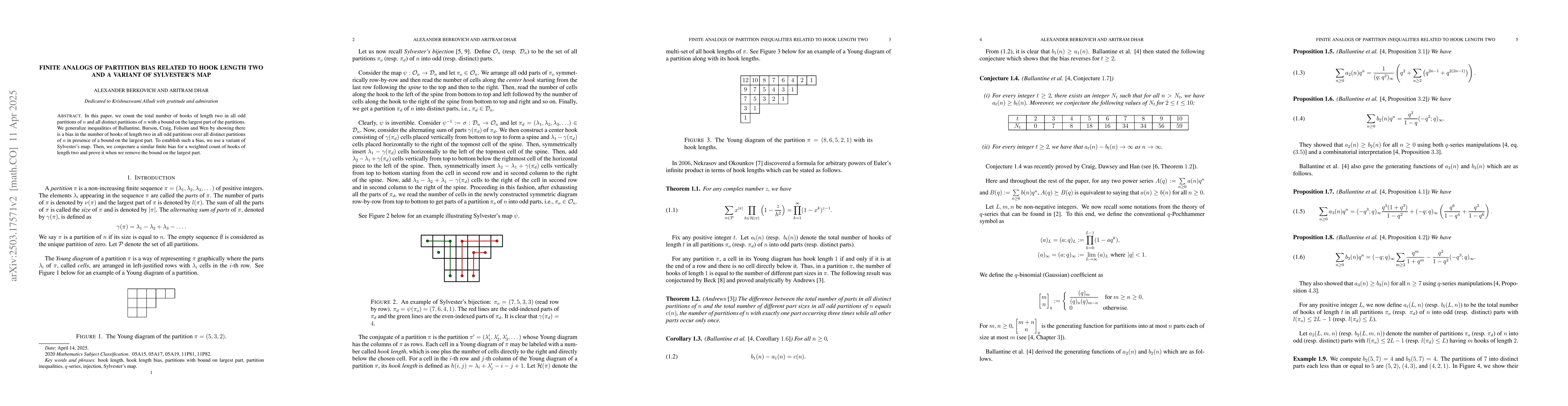 Thumbnail for Finite analogs of partition bias related to hook length two and a
  variant of Sylvester's map