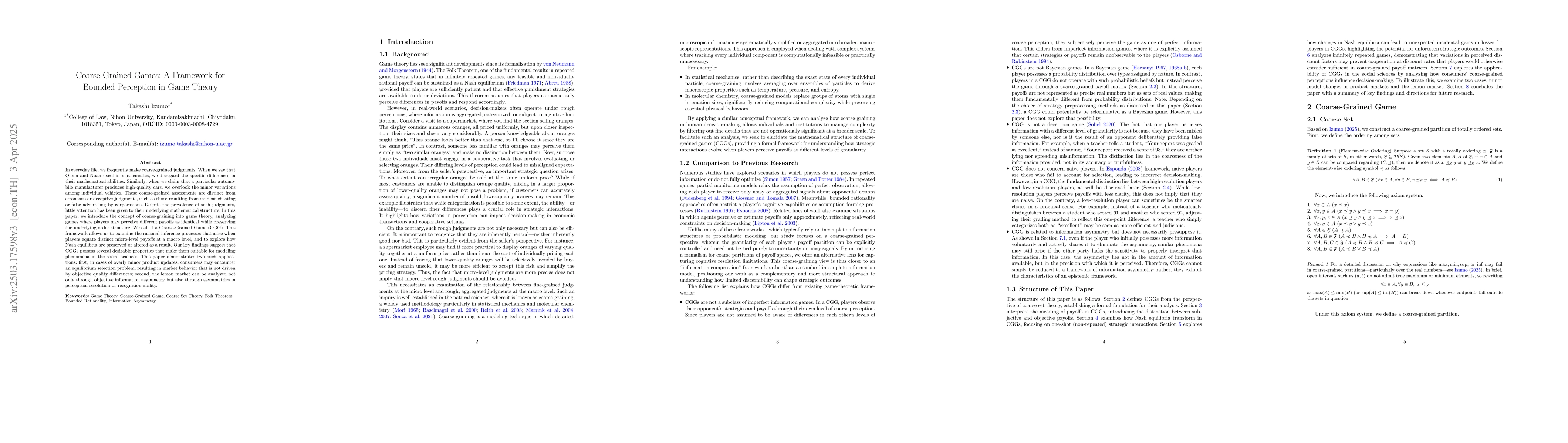 Thumbnail for Coarse-Grained Games: A Framework for Bounded Perception in Game Theory