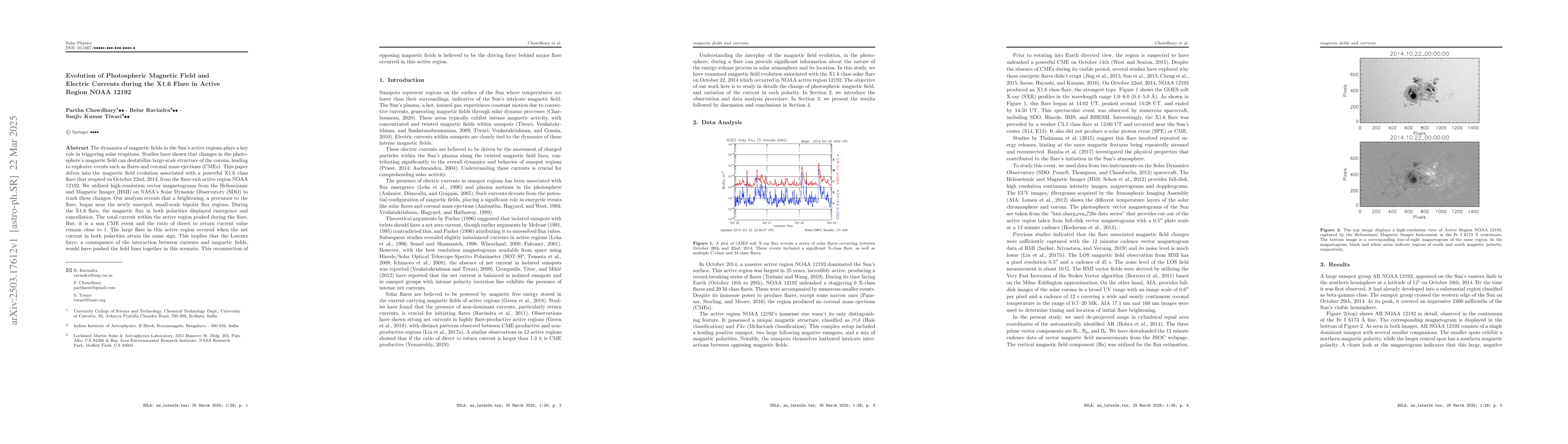 Thumbnail for Evolution of Photospheric Magnetic Field and Electric Currents during
  the X1.6 Flare in Active Region NOAA 12192