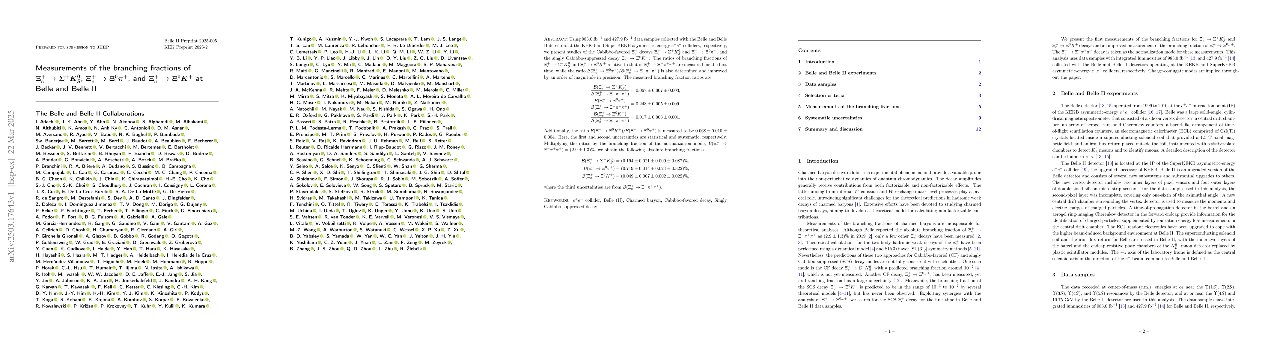 Thumbnail for Measurements of the branching fractions of $Ξ_{c}^{+}\to
  Σ^{+}K_{S}^{0}$, $Ξ_{c}^{+}\to Ξ^{0}π^{+}$, and $Ξ_{c}^{+}\to
  Ξ^{0}K^{+}$ at Belle and Belle II