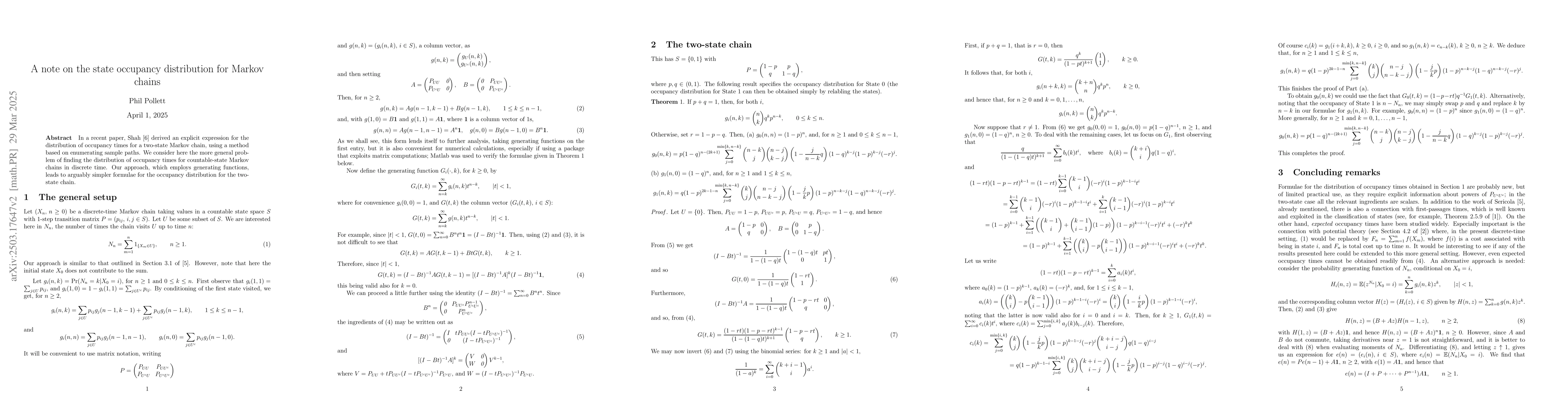 Thumbnail for A note on the state occupancy distribution for Markov chains