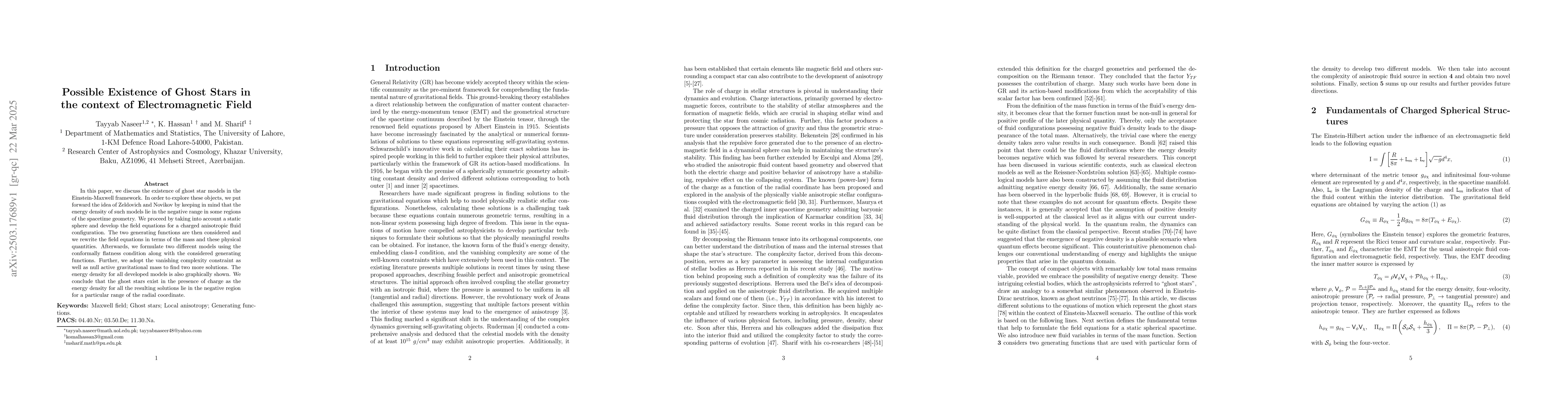 Thumbnail for Possible Existence of Ghost Stars in the context of Electromagnetic
  Field