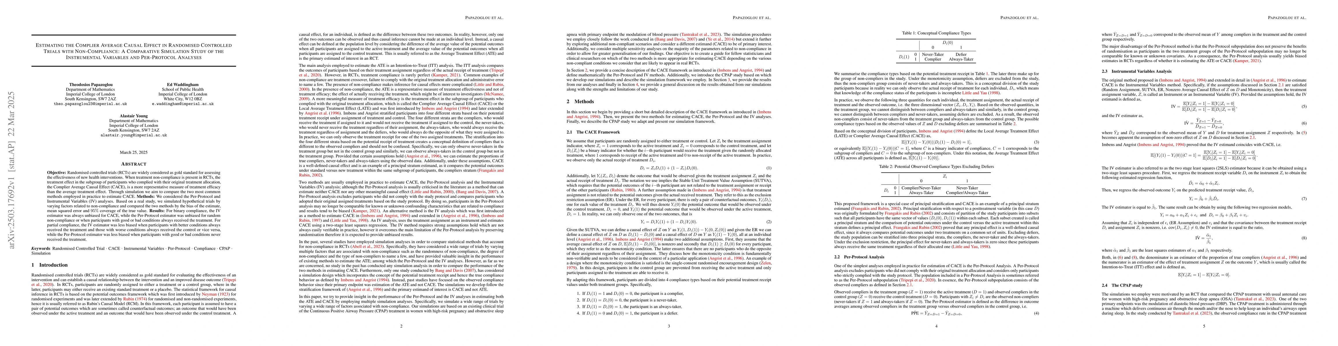 Thumbnail for Estimating the Complier Average Causal Effect in Randomised Controlled
  Trials with Non-Compliance: A Comparative Simulation Study of the
  Instrumental Variables and Per-Protocol Analyses